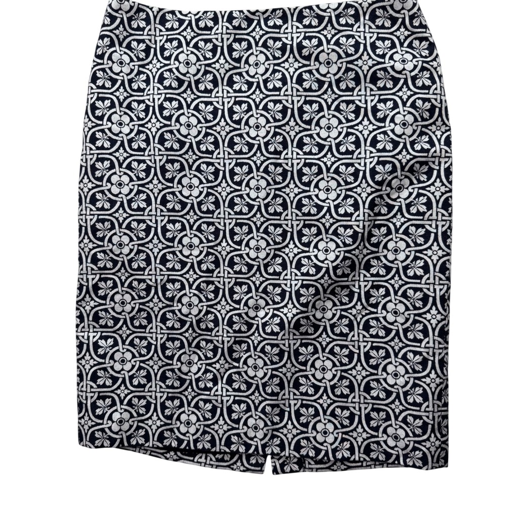 Talbots Pencil Skirt Womens 8 Navy Blue Geometric Floral Jacquard Preppy Office